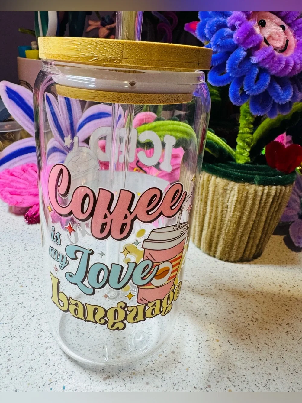 Iced Coffee glass tumbler with Bamboo lid & straw .